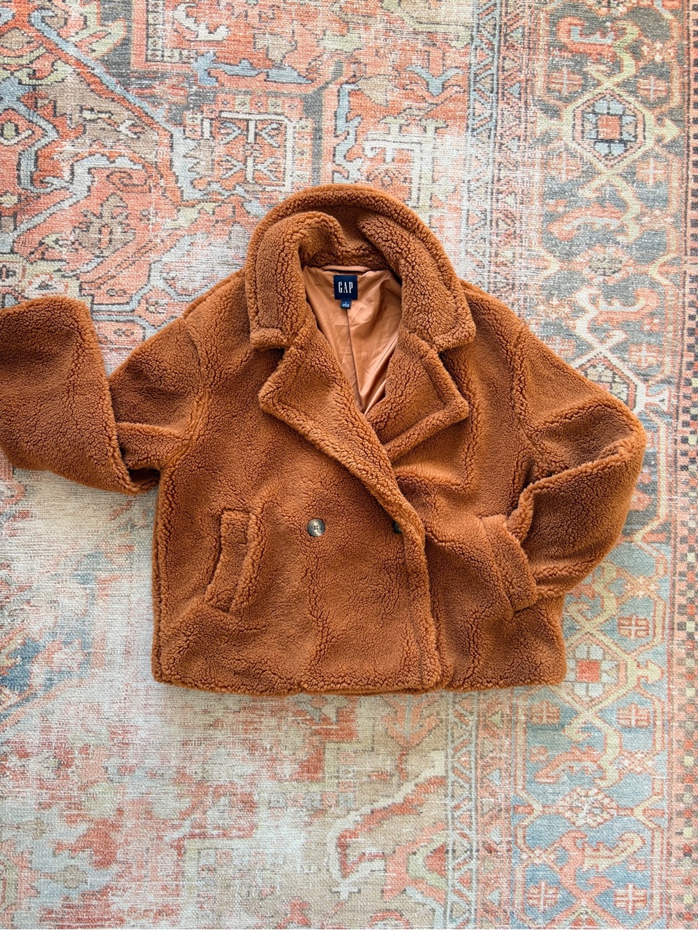 GAP Argan Oil Brown Cropped Teddy Sherpa Jacket Women’s L Double Breasted
